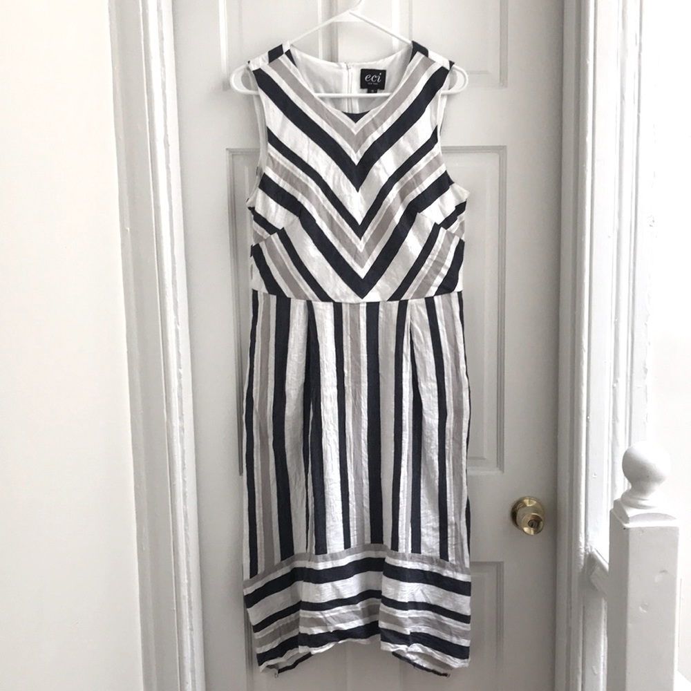 NWOT eci Cotton Blend Striped Dress with Handkerchief Hem, Size 10